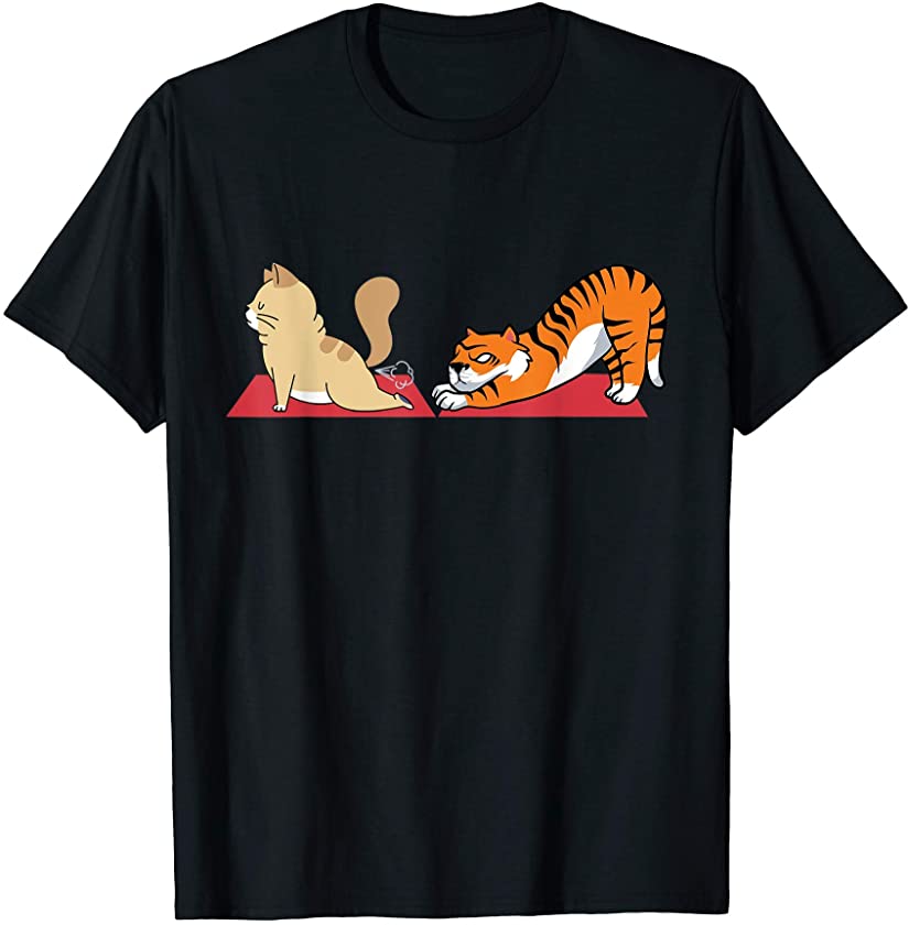 Cat and Tiger In Yoga Positions Feline Animals Themed Design T-Shirt