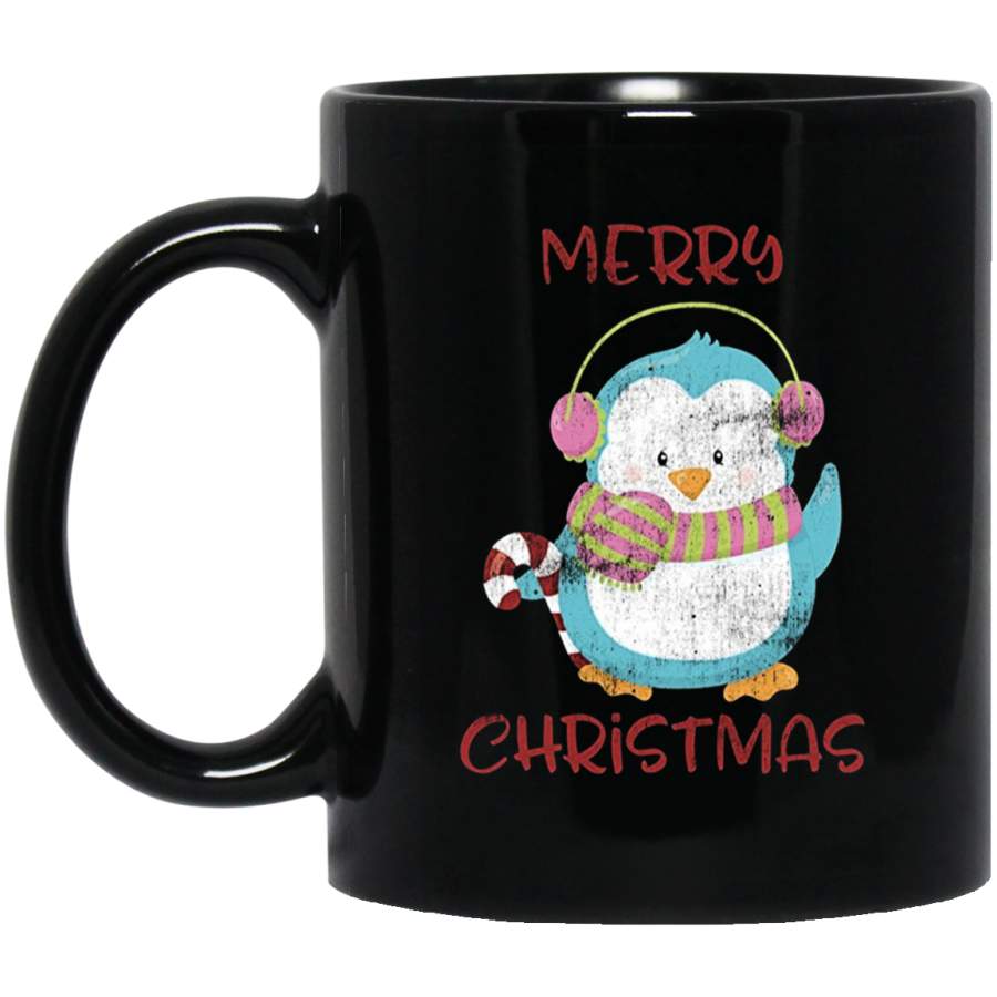 Merry Christmas Cute Penguin Cartoon Vintage Print 11 oz 15 oz Black Mug