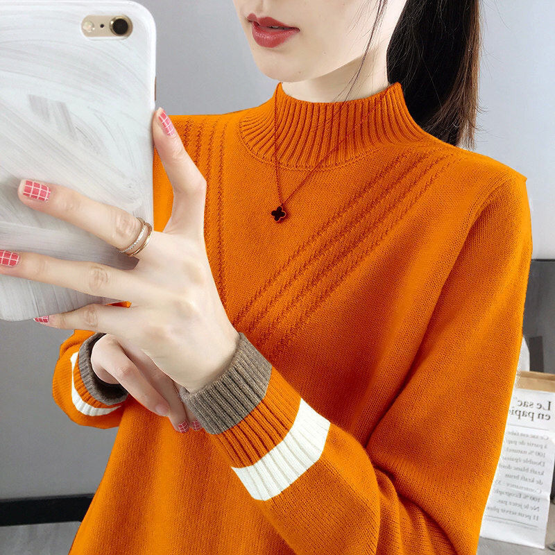 Stylish Half High Collar Spliced All-match Knitted Sweater Women’s Clothing 2022 Autumn New Loose Casual Pullovers Commute Tops alx