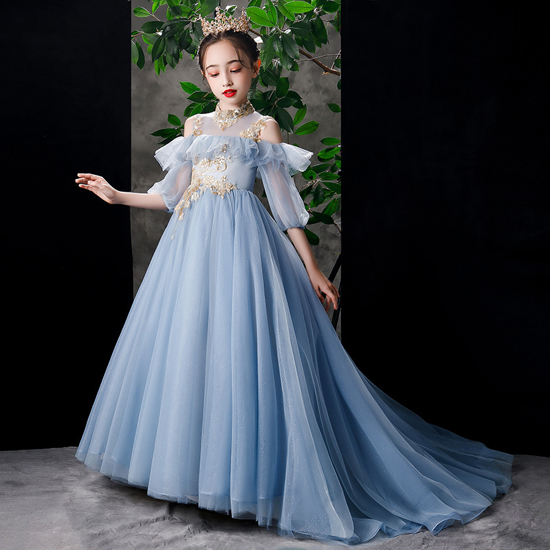 2022 Kids Party Dresses for Girls Children Blue Appliques Tulle Long Mermaid Ball Gowns Baby Girls Elegant Vestidos for Pageant alx