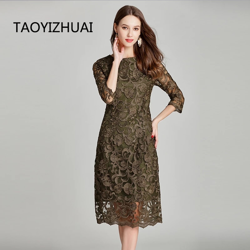 TAOYIZHUAI New Arrival Summer Vintage style Large Size Three Quarter Sleeves Loose Elegant Flower Print Lace Women’s Dress 11644 alx