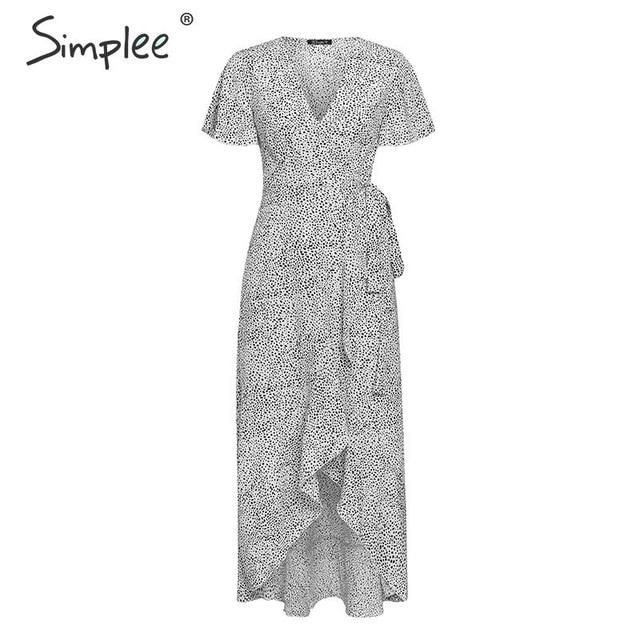 Simplee Lace up leopard print sexy long dress Summer V-neck short sleeve dots plus size dress women Elegant split fashion dress