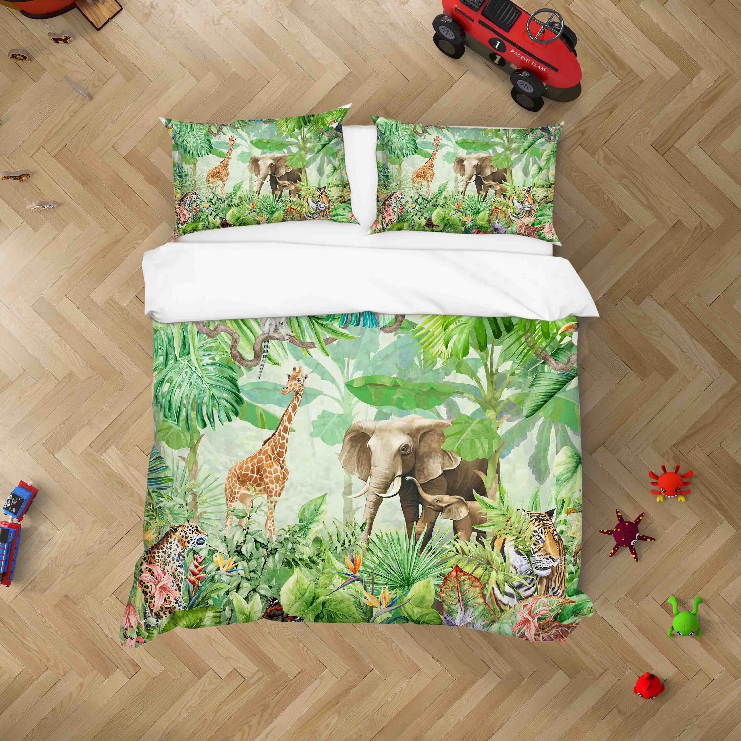 3D Green Jungle Giraffe Elephant Tiger Quilt Cover Set Bedding Set Pillowcases 86