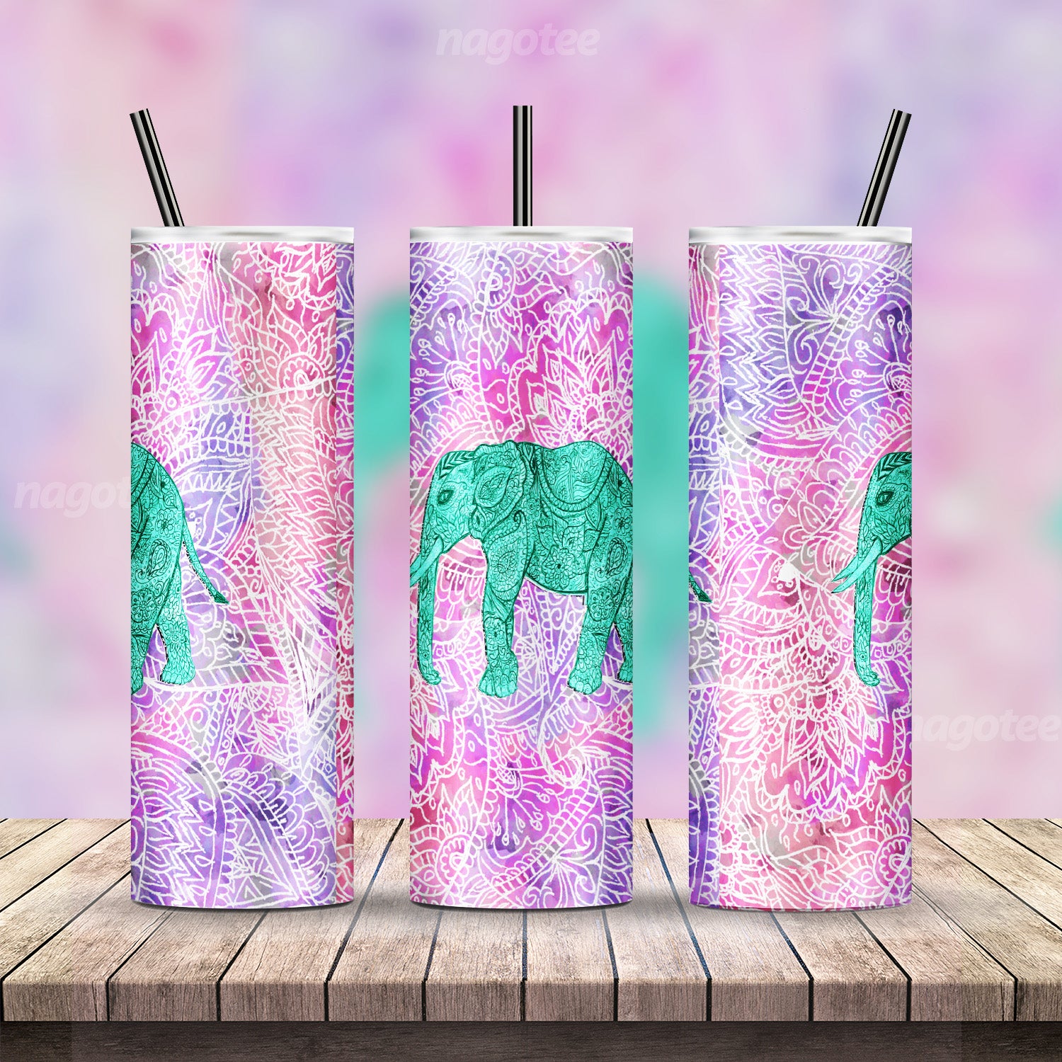 Teal Tribal Paisley Elephant Purple Henna Pattern Skinny Stainless Steel 20oz – Tumbler