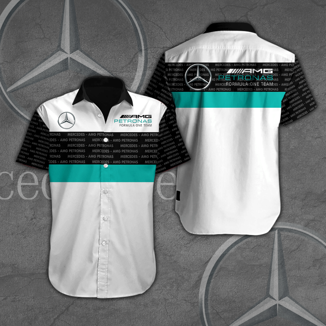 Mercedes Amg Petronas F1 Team All Over Print 3D Short Sleeve Dress Shirt Hawaiian Summer Aloha Beach Shirt – Black White