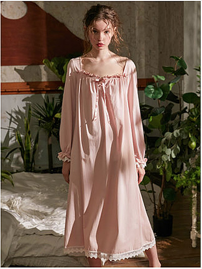 Women Square Collar Princess Dress Long Sleeve Sleepshirts Vintage Stringy Selvedge Nightgown.Cotton Nightdress Sleep Loungewear alx