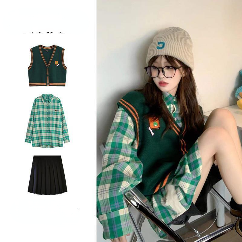 Autumn Women’s 2022 New V-neck Knitted Vest + Plaid Shirt + Short Pleated Skirt Three Piece Set alx