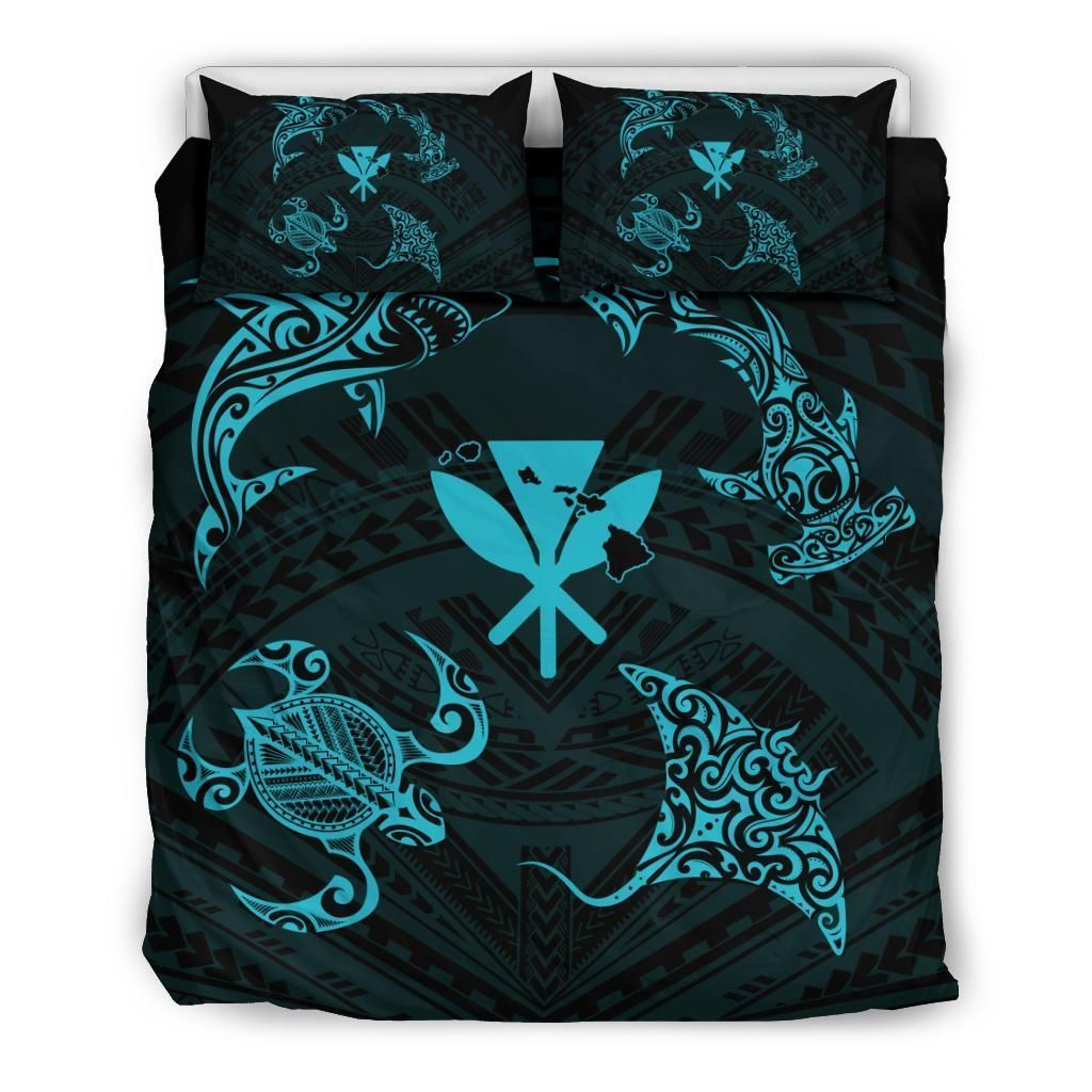 Alohawaii Bedding Set – Cover And Pillow Cases Polynesian Turtle Hammerhead Shark Ray Kanaka Hawaii Circle Blue – Ah – J5