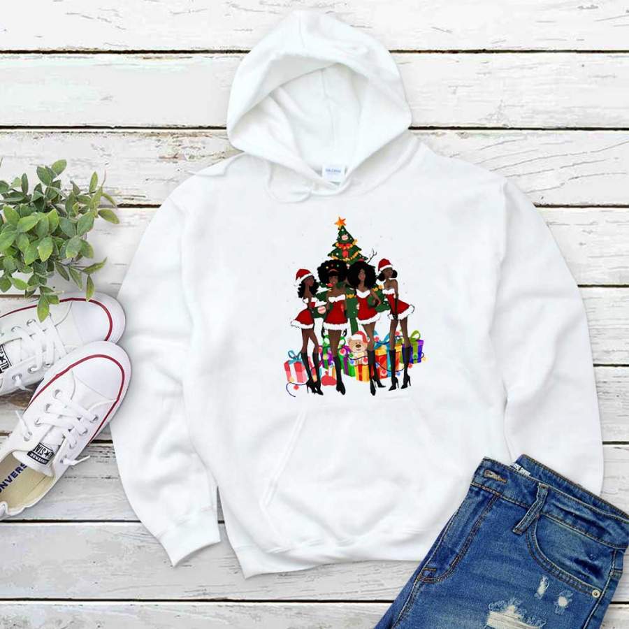 Black women friends santa claus merry christmas gifts xmas tree white hoodie for men and women S-5XL