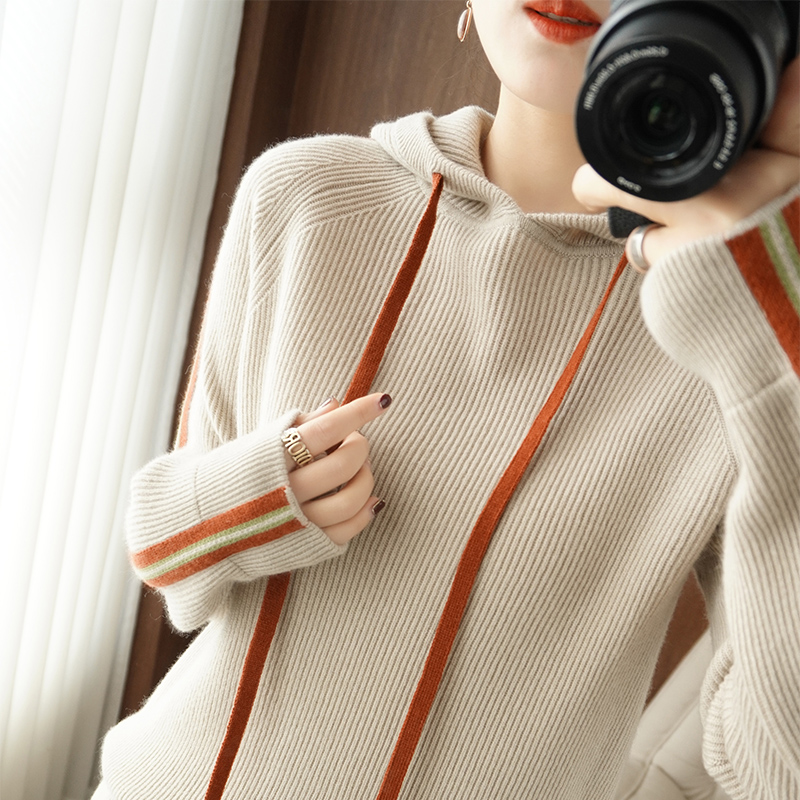 100% Pure Wool Cashmere Sweater Autumn and Winter Thick Sweater Woman Hooded Collar Pullover Casual Knitted Top Jacket Female alx