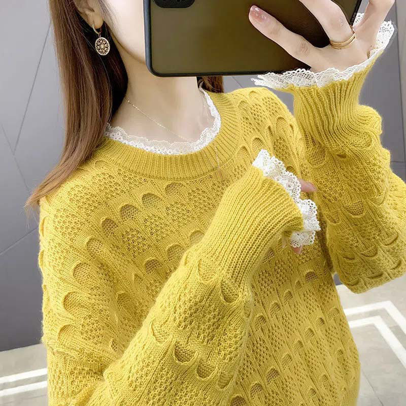 Sweaters Knitted Pullover Lace O-Neck Women Long Sleeve Solid Autumn Spring Sweater Female Tops Pullovers Drop Shipping alx