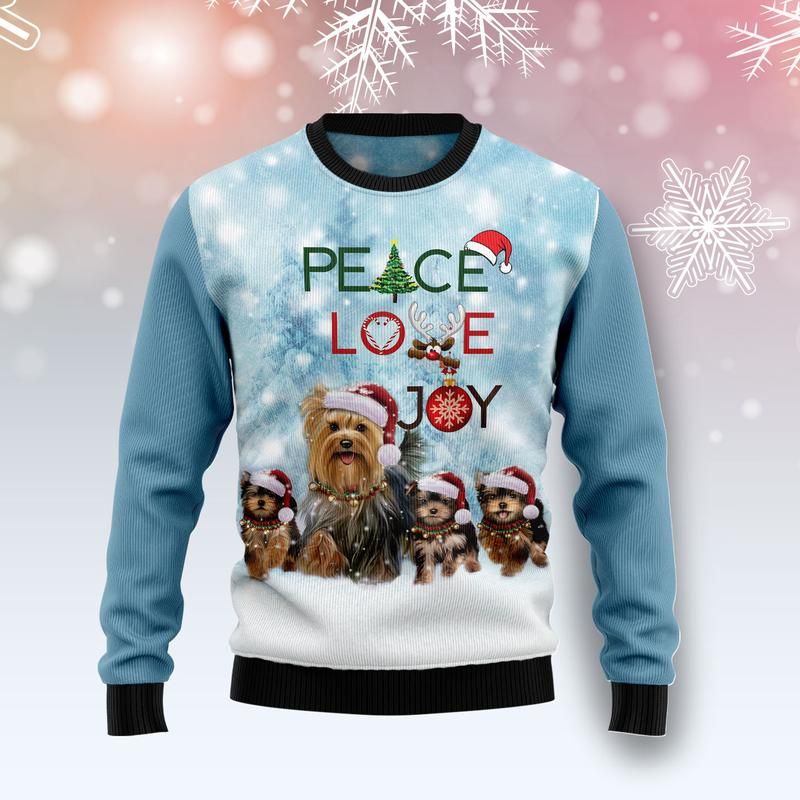Yorkshire Terrier Peace Love Joy Ugly Christmas Sweater 2023 | For Men & Women | Adult | Us4692