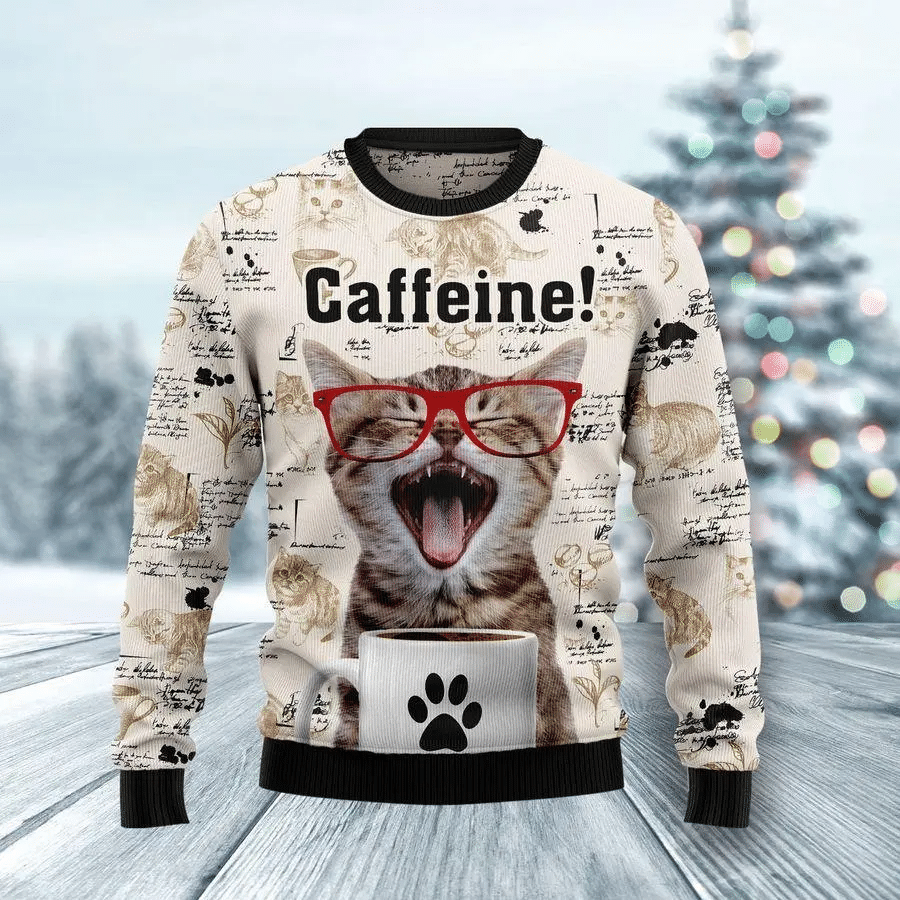 Unifinz Cat Christmas Sweater Catfeine Cat And Coffee Ugly Sweater 2022