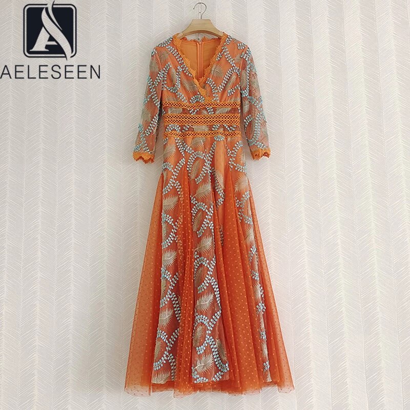 AELESEEN Vintage Maxi Long Dress Women Runway Fashion 2022 Spring New V-Neck Luxury Flower Embroidery Elegant Party Holiday alx