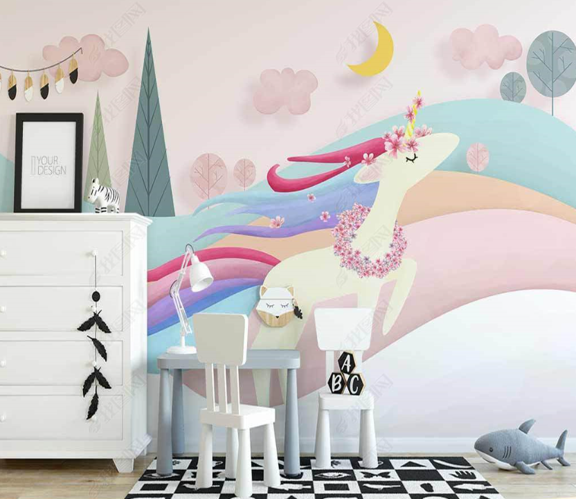 3D Cartoon Animal Unicorn Color Wall Mural Wallpaper Lqh 140