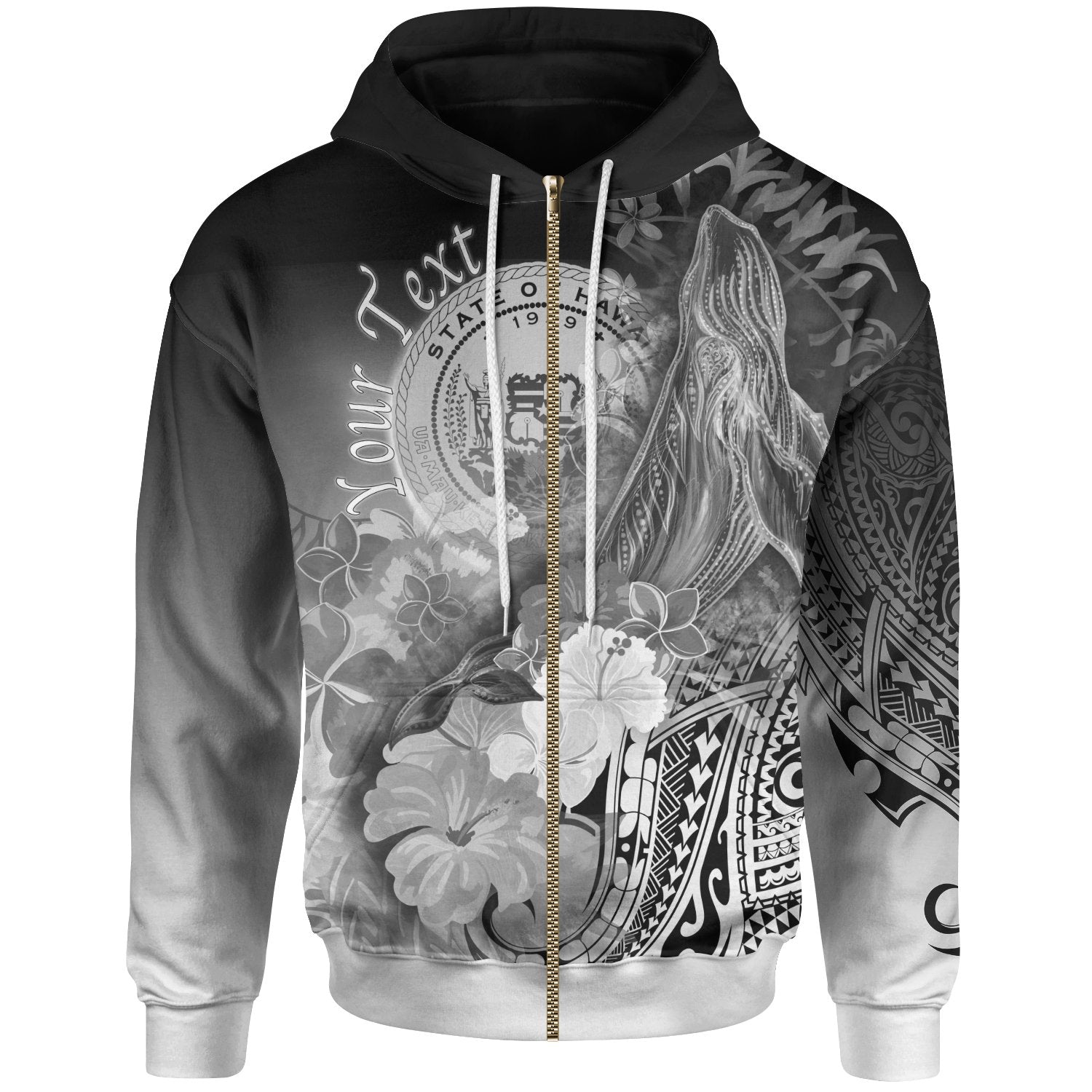 Polynesian Hawaii Custom Personalised Zip-Up Hoodie – Humpback Whale With Tropical Flowers (White)