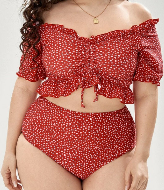 ditsy floral frill trim plus size swimwear, two piece, high waisted, plus size, cute and chic swimwear, fashionable