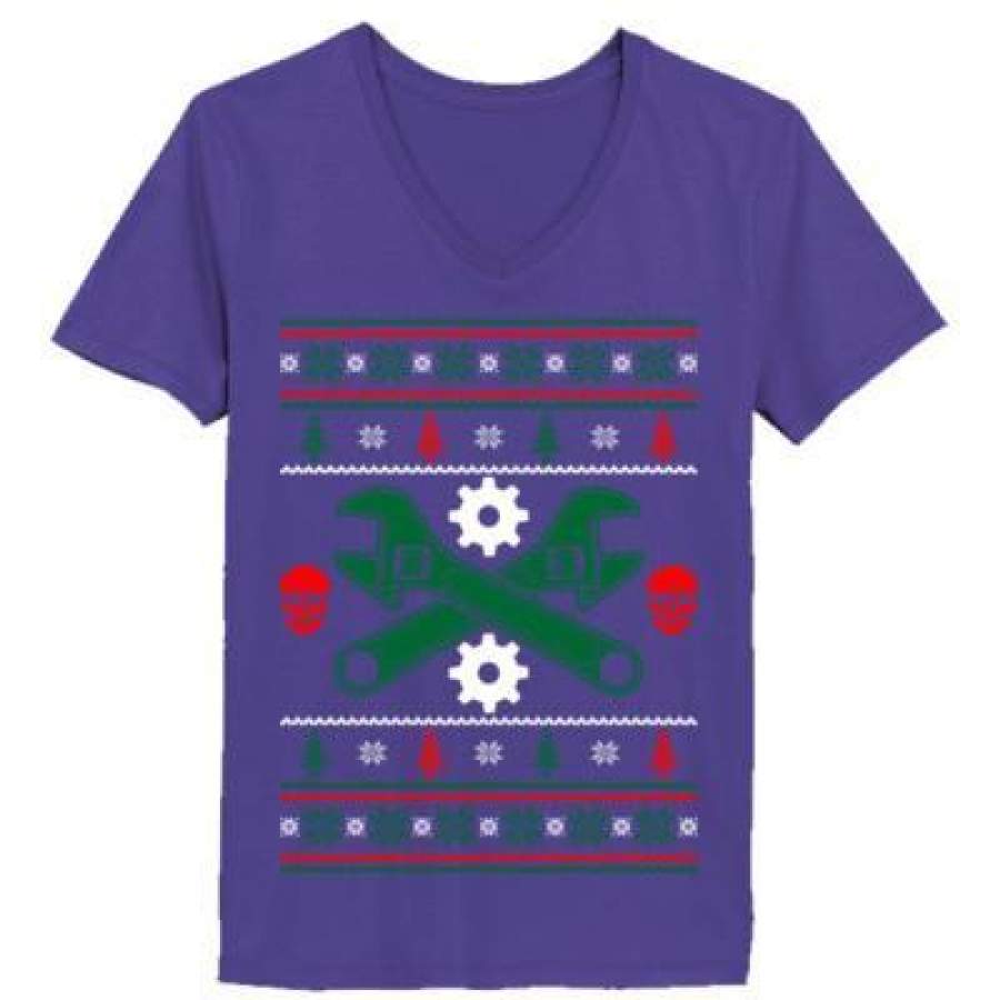 AGR Mechanic Ugly Christmas Sweater Xmas – Ladies’ V-Neck T-Shirt