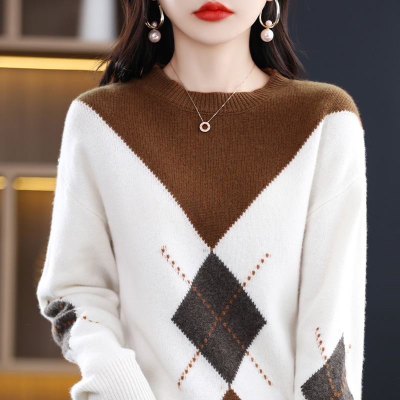 100% Merino Wool New Color Contrast Women’s Crew Neck Pullover Sweater Loose Slouchy Knitwear Luxurious Embellished Backing Tops alx