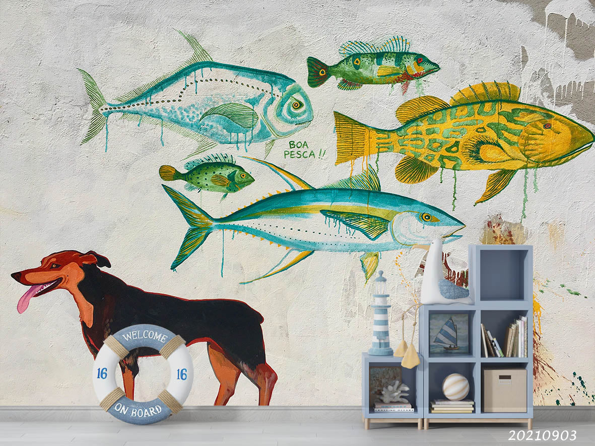 3D Animal Fish Dog Doodle Pattern Wall Mural Wallpaper Lqh 194