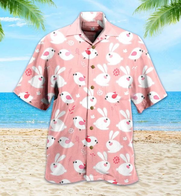 Bunny Rabbits Birds Pink Hawaiian Shirt 3D