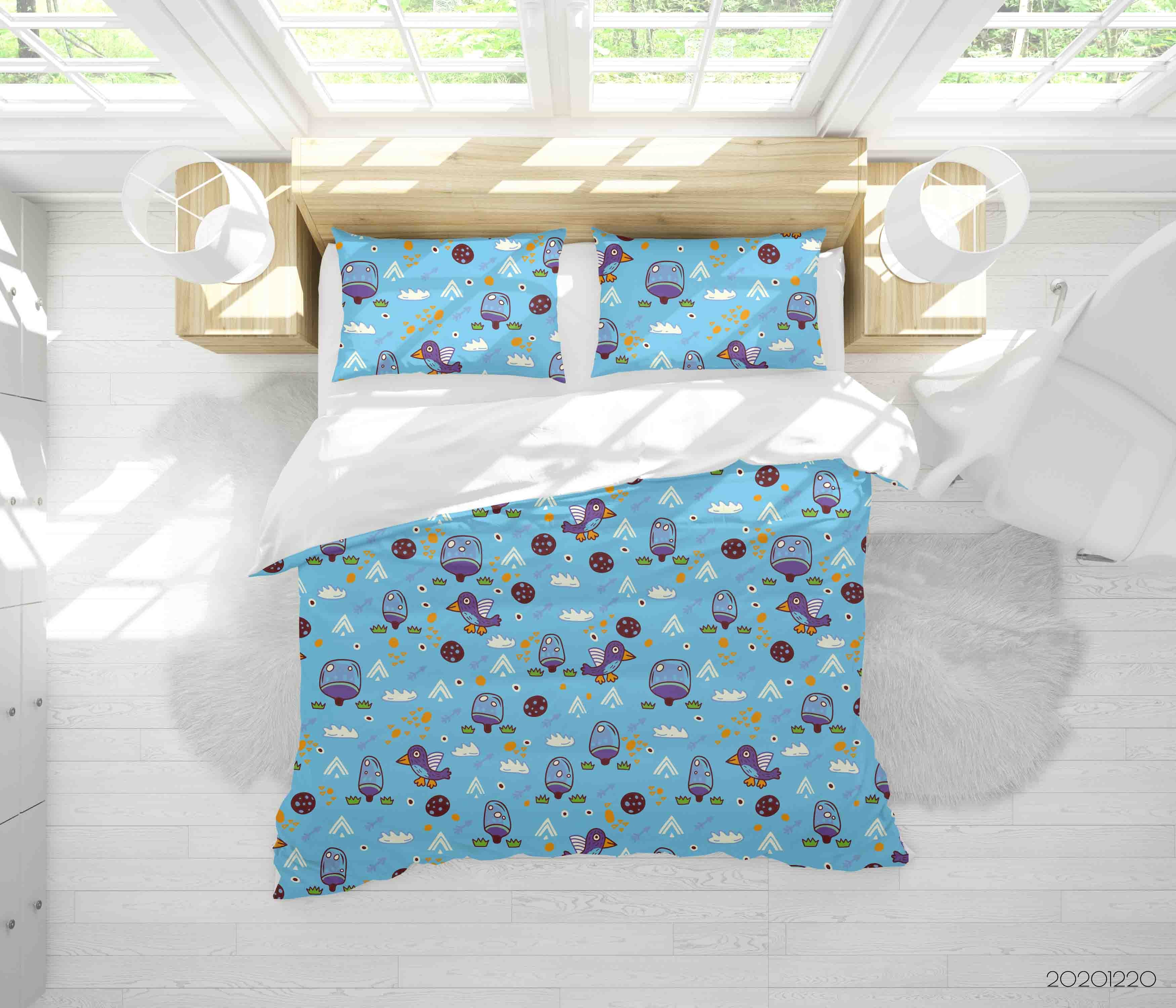 3D Hand Drawn Animal Blue Bird Forest Quilt Cover Set Bedding Set Duvet Cover Pillowcases 96