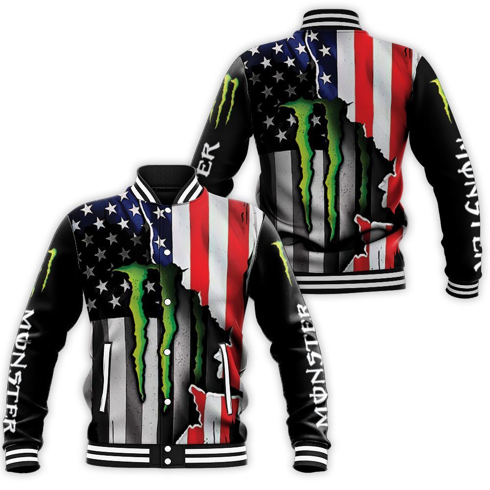 Monster Energy Ripped In American Flag 3D Baseball Jacket T-Shirt