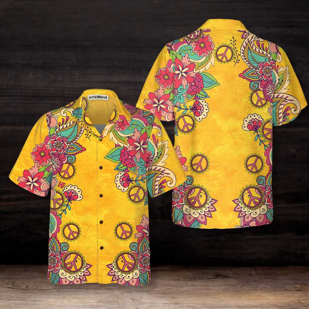 Yellow Hippie Peace Sign And Flowers Hawaiian Shirt – For Men And Women