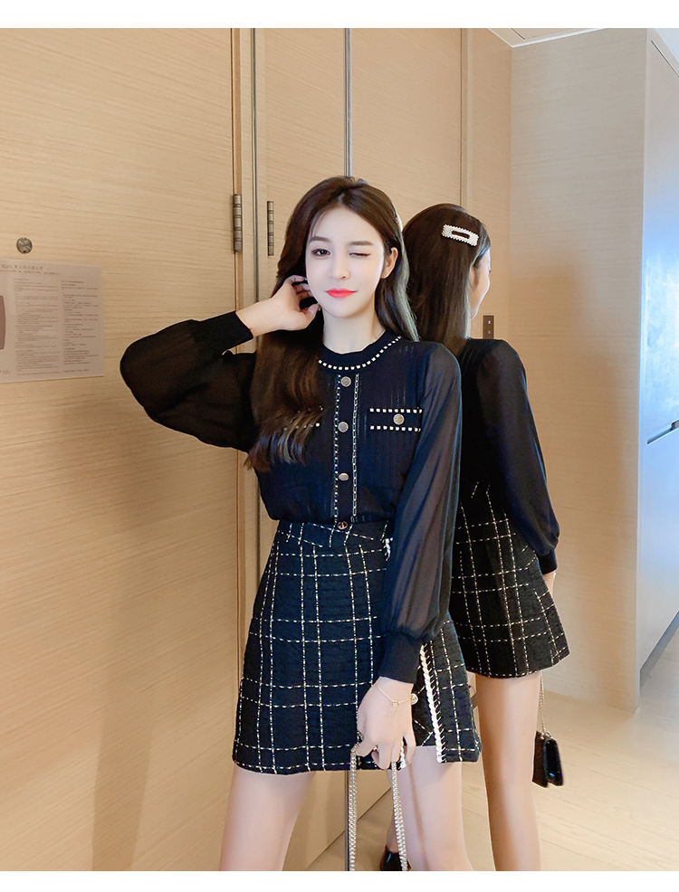 2021 Spring Summer 2 Piece Skirt Set Women Knitting Chiffon Patchwork Shirt Top + A Line Single Breasted Tweed Mini Skirt Suit alx