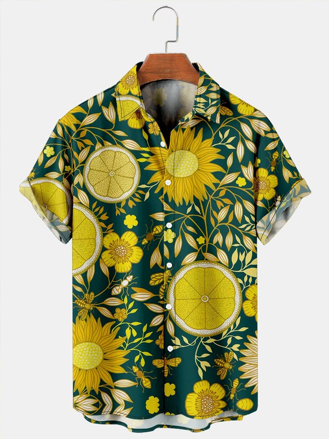 Mens Hawaii Shirt Floral Plant Lemon Print Short Sleeve For Couples Ha42169