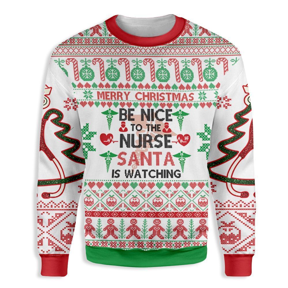 Unifinz Nurse Christmas Sweater Merry Christmas Be Nice To The Nurse Santa Is Watching Red White Ugly Sweater 2022