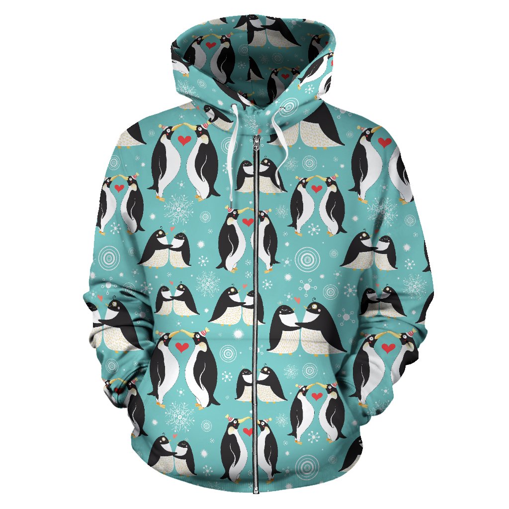 Penguin Love Print Zip Up Hoodie