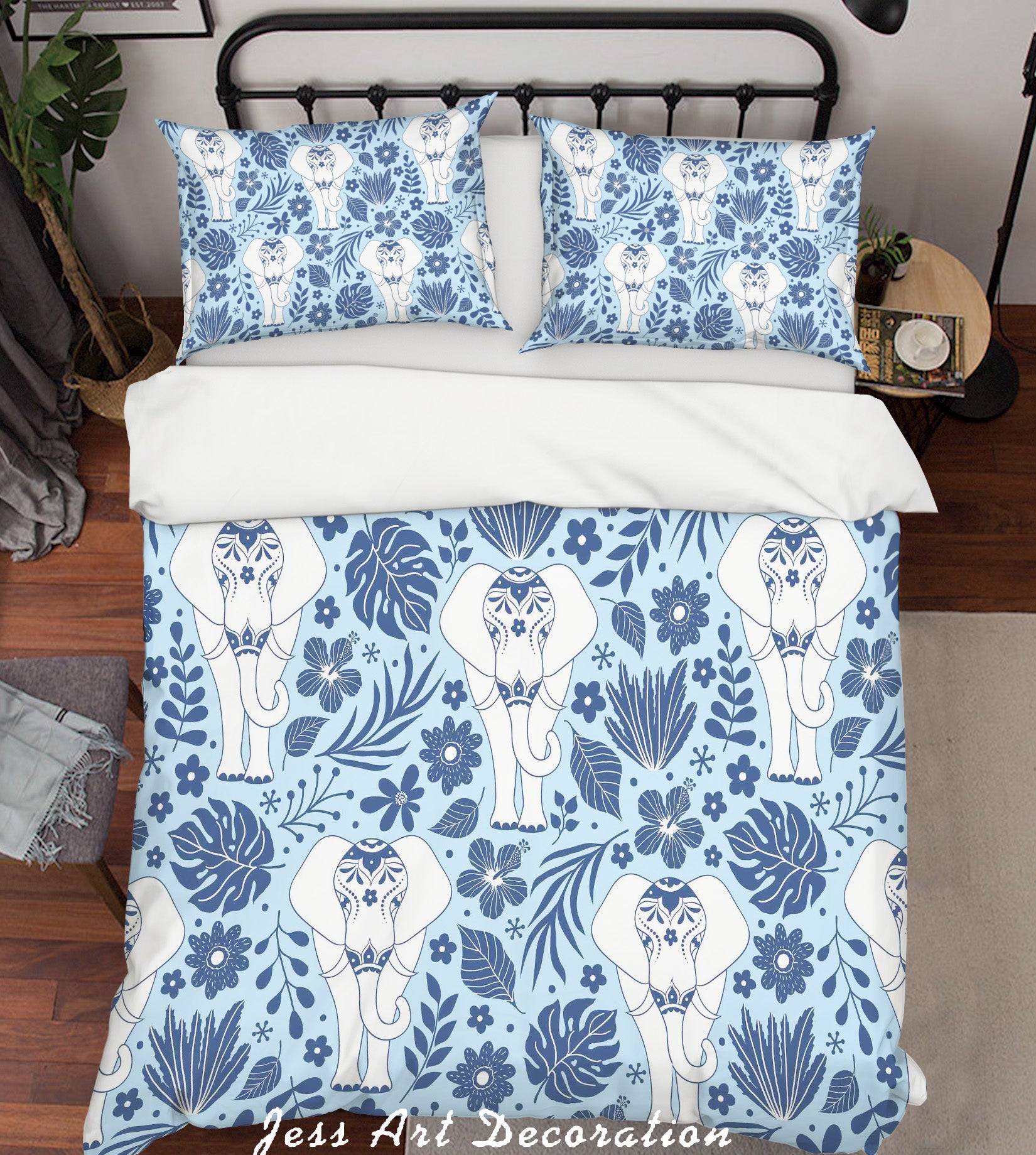 3D Cartoon Elephant Blue Flower Quilt Cover Set Bedding Set Pillowcases 119