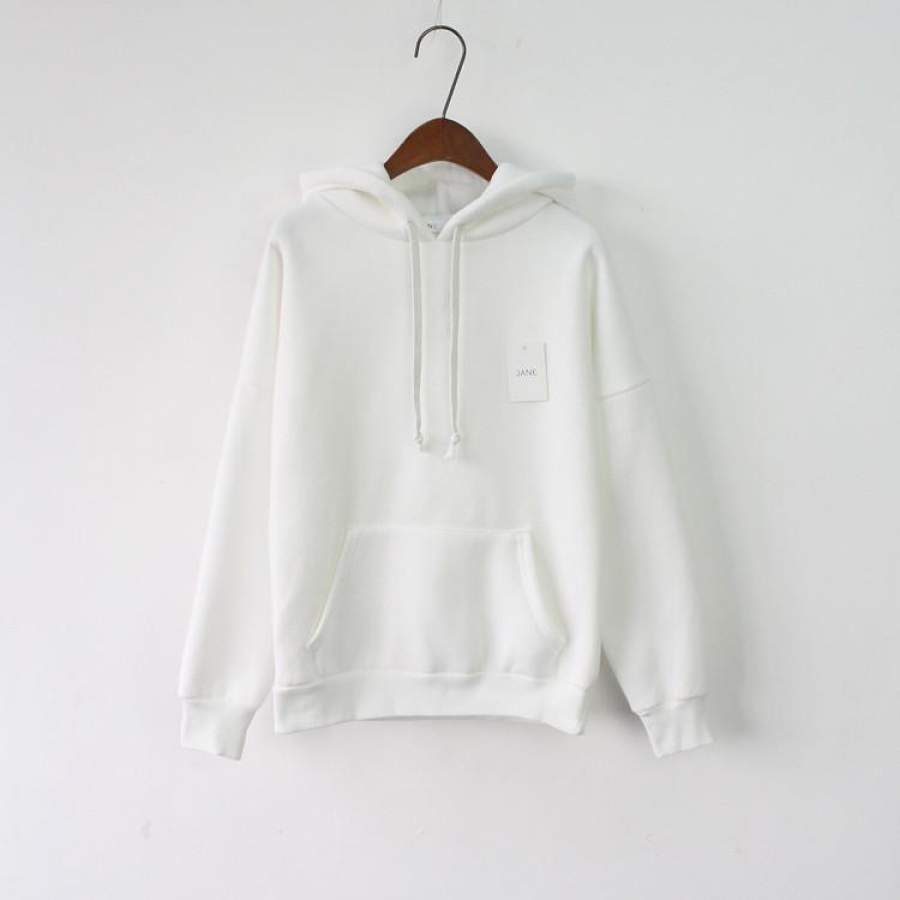 Women’s Long Sleeve White Casual Harajuku Winter Hooded Sweatshirt Pocket Design Pullover Hoodie