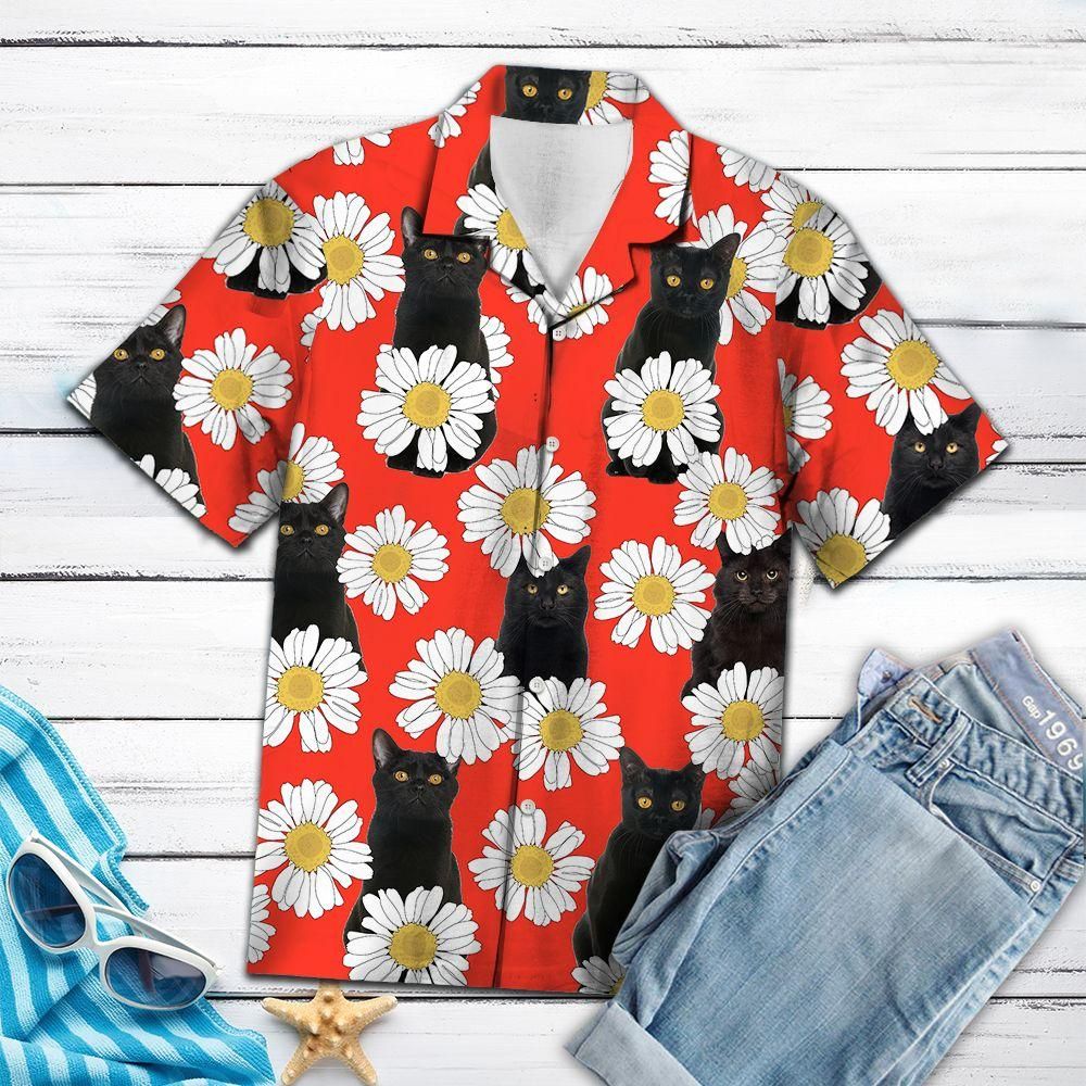 Aloha Shirt Black Cat Daisy Summer Hawaii Ha28500