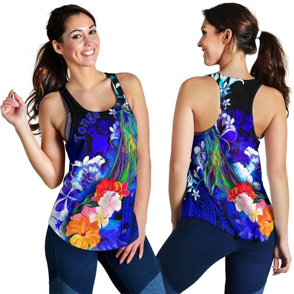 Tonga Women’S Racerback Tank – Humpback Whale With Tropical Flowers Blue