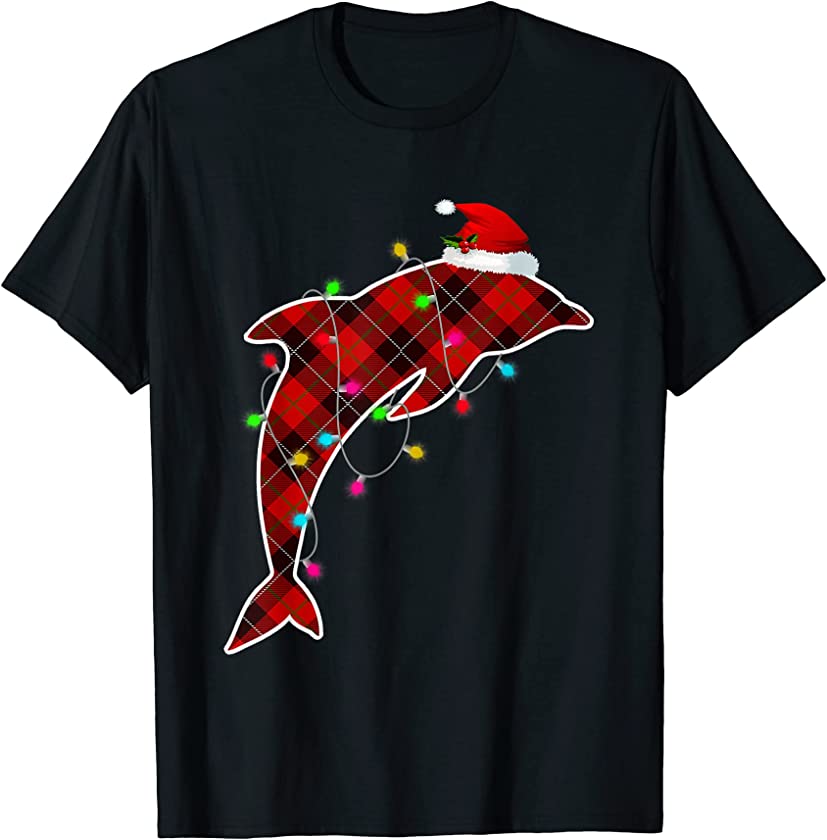 Xmas Pajama Red Plaid Christmas Lights Dolphin Animals T-Shirt