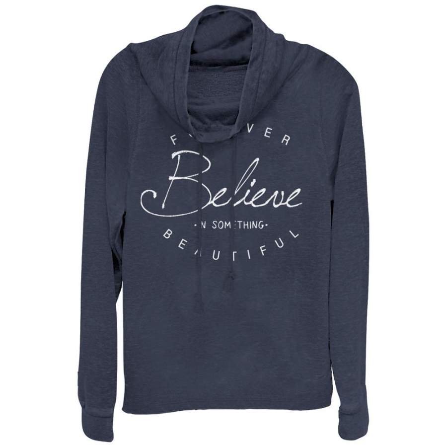 CHIN UP Junior’s Believe in Beautiful  Cowl Neck Sweatshirt Navy Blue