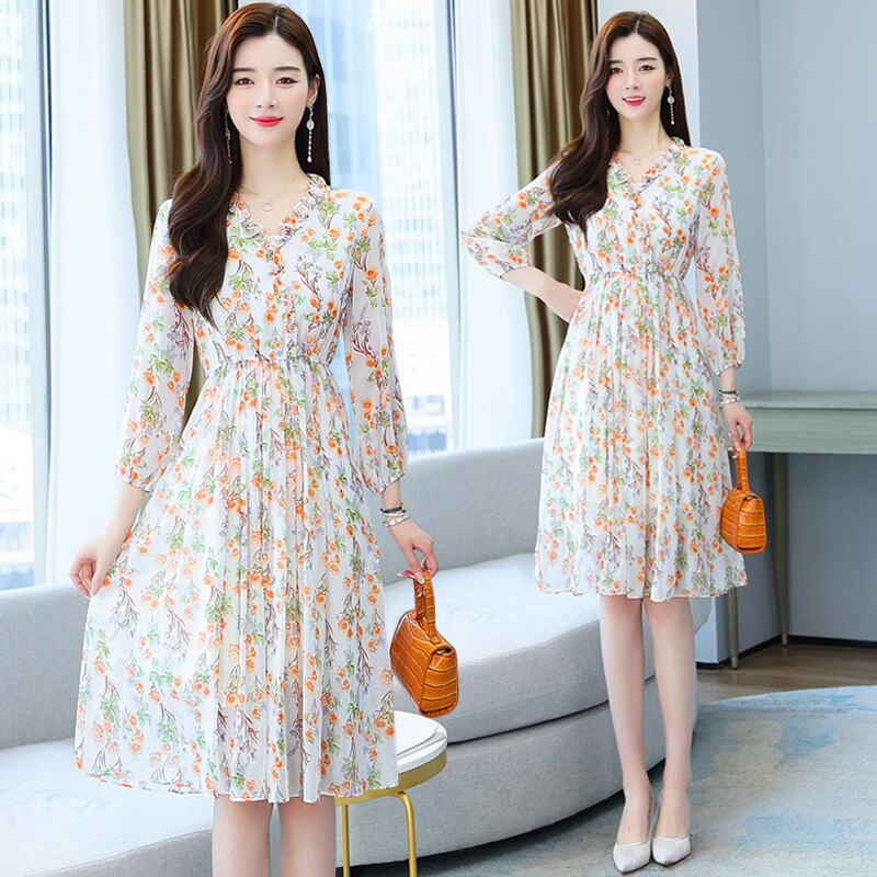 2022 New Floral Chiffon Bodycon Midi Dress Women Korean Vintage Boho Elegant Sundress Spring Autumn Fashion Casual Beach Vestido alx