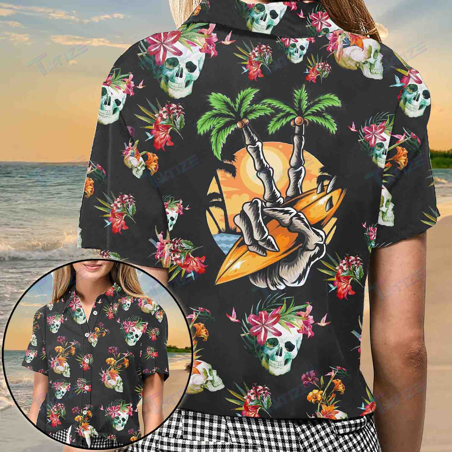 Skeleton Tropical All Over Printed Hawaii Shirt Size S Ha84354