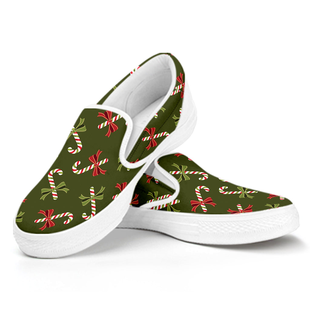 Xmas Candy Cane Pattern Print White Slip On Shoes