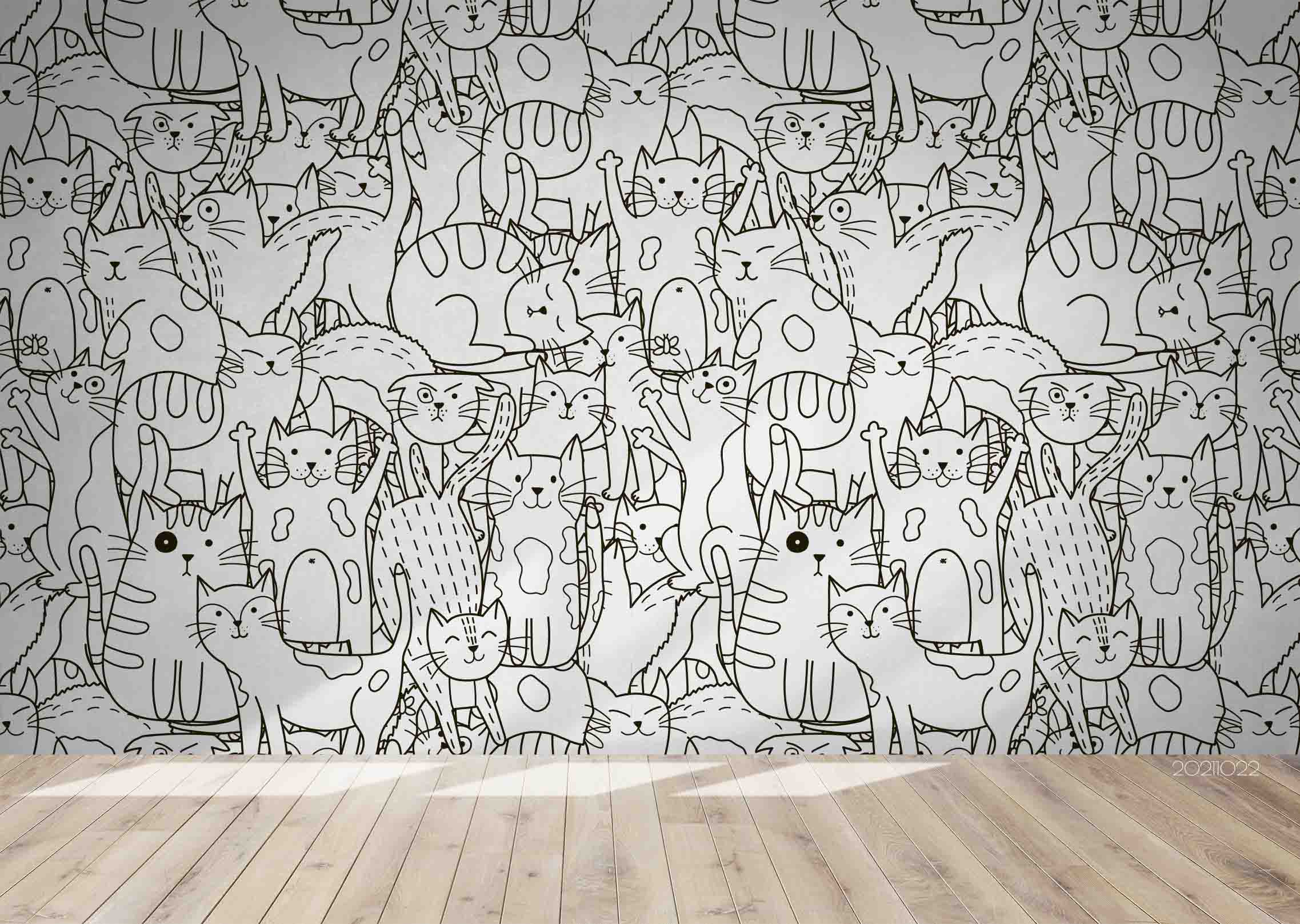 3D Cartoon Animal Cute Cat Doodle Wall Mural Wallpaper Lqh 115