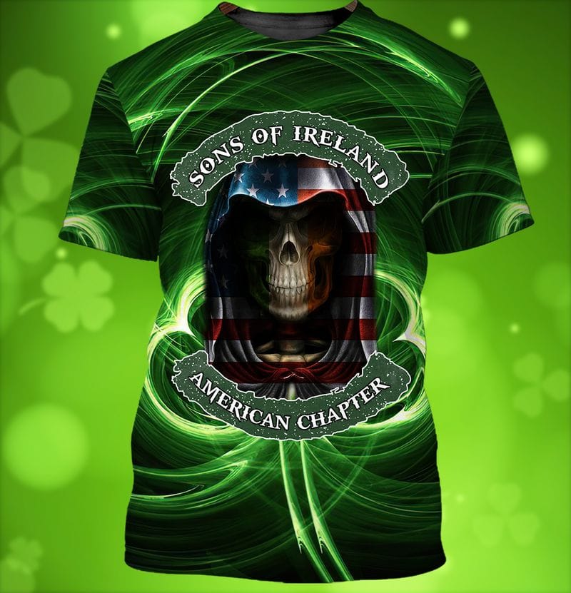 Son Of Ireland American Chapter Shirt, 3D All Over Print St Patrick Day Shirt, Skull American Patrick Day Shirt