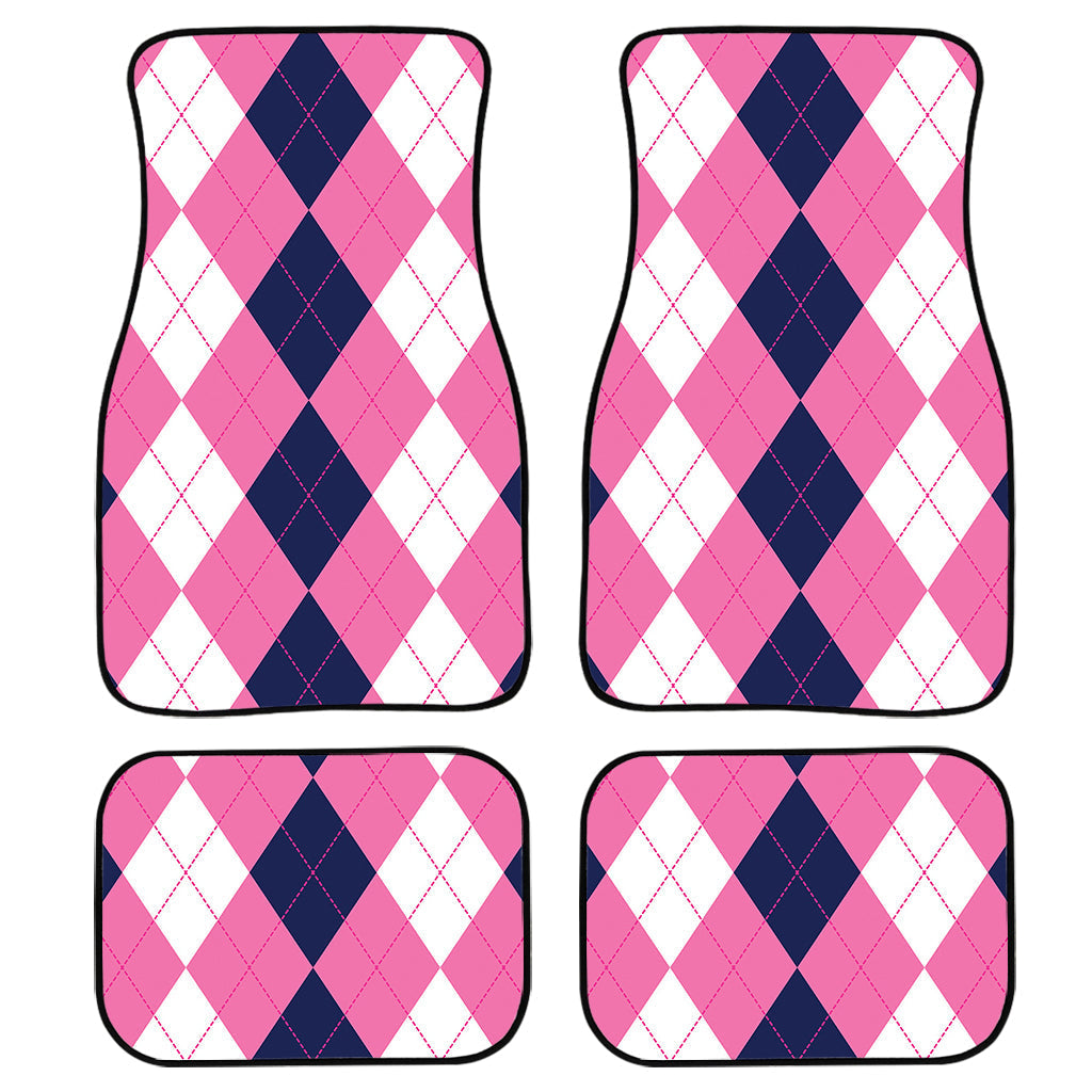 Pink Blue And White Argyle Pattern Print Front And Back Car Floor Mats, Front Car Mat