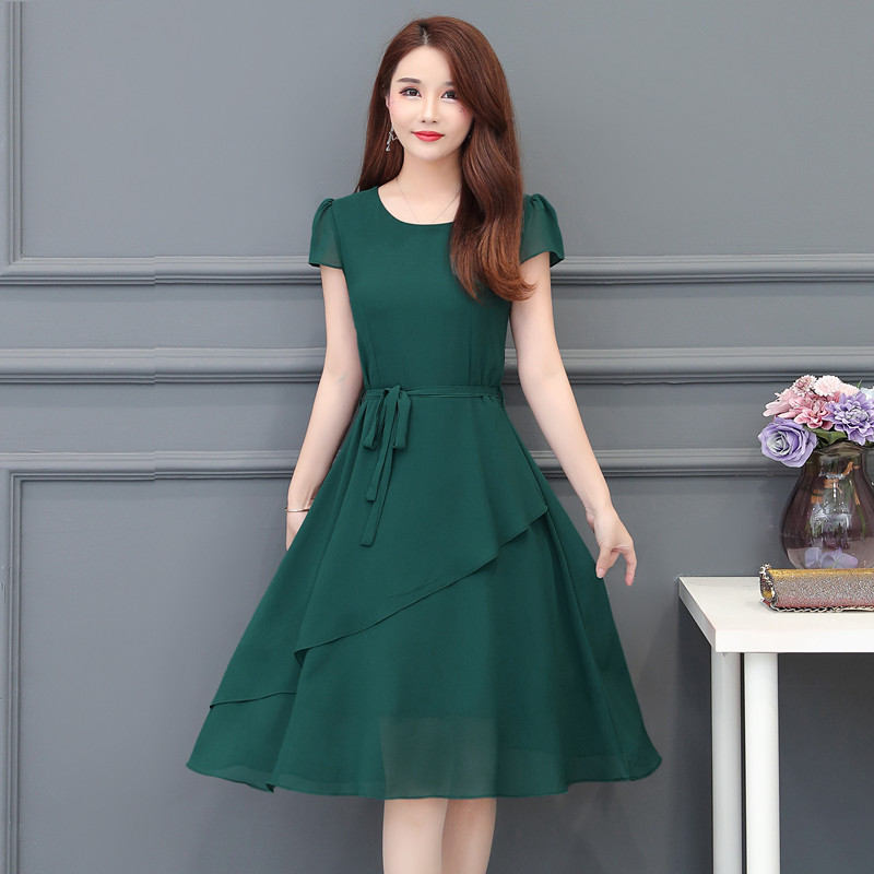 2022 Casual Chiffon Dress For Women Cocktail Short Sleeve Beach Woman Pink Green Blue 4XL Slim Women’s Dress Solid Midi Dresses alx