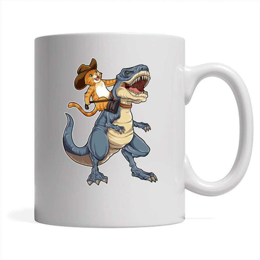 Cat Cowboy Riding T-rex Dinosaur, Funny Purrassic Kitty Kitten Dino Gifts – Full-Wrap Coffee White Mug