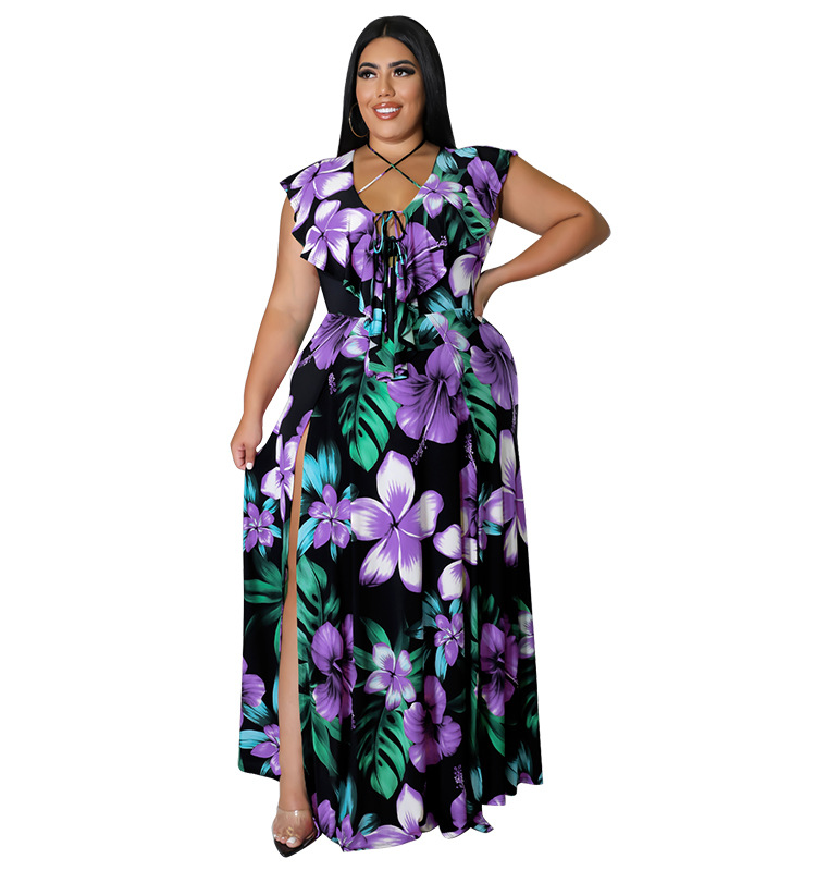 SOMOIA Plus Size Women Clothing Dresses Elegant Print V-Neck High Waist Split Dress Party Evening Dress Wholesale Dropshipping alx