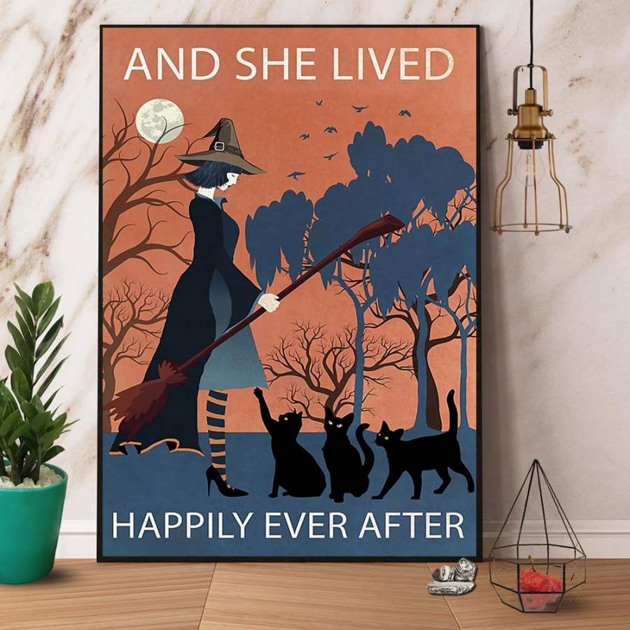 Vintage Witch & Cat And She Lived Happily Ever After Halloween Gift Paper Poster No Frame/ Wrapped Canvas Wall Decor Full Size