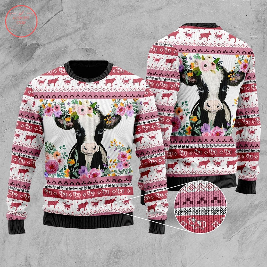 Cow And Pink Flowers Ugly Christmas Sweater