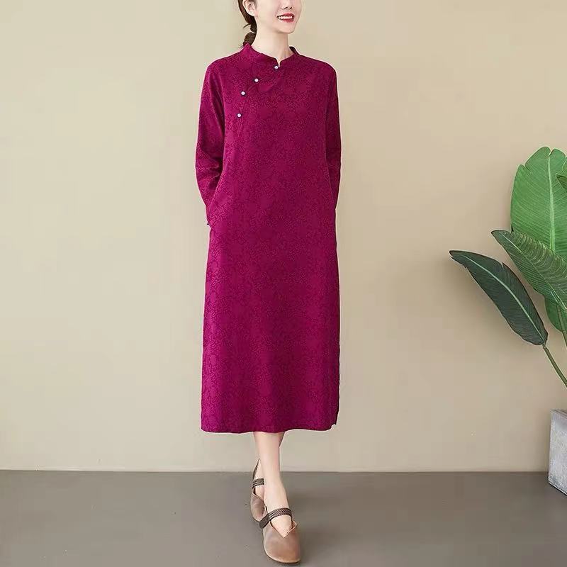 2022 New Arrival Vintage Autumn Dress Beading Cotton Linen Jacquard Chinese Style Dress Robes Women Casual Spring Midi Dress alx